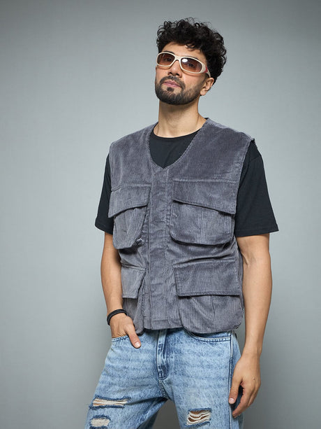 Grey Corduroy Sleeveless Gilet Jackets Fugazee 