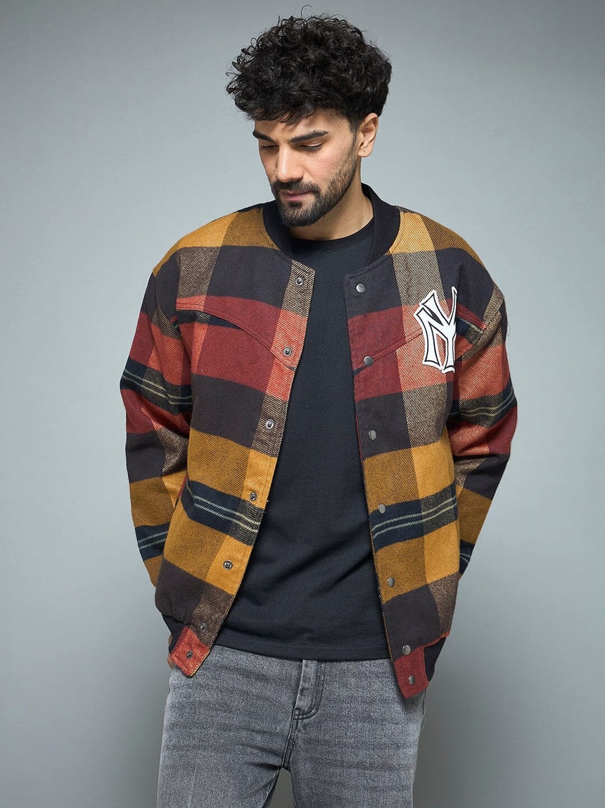 Red Checkered NY Monogram Flannel Bomber Jacket Jackets Fugazee 