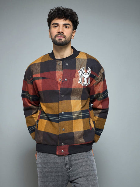 Red Checkered NY Monogram Flannel Bomber Jacket Jackets Fugazee 