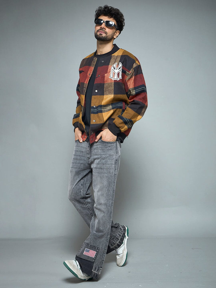 Red Checkered NY Monogram Flannel Bomber Jacket Jackets Fugazee 