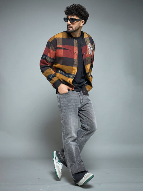 Red Checkered NY Monogram Flannel Bomber Jacket Jackets Fugazee 