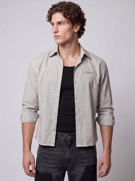Brown Striped Seersucker Cropped Shirt Shirts Fugazee 