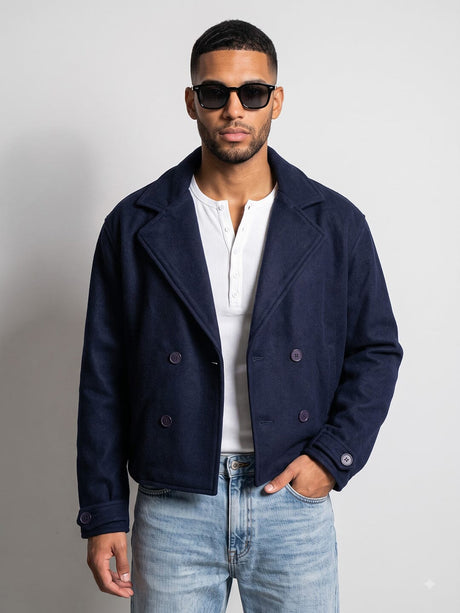 Navy Woollen Cropped Trench Blazer Blazer Fugazee 