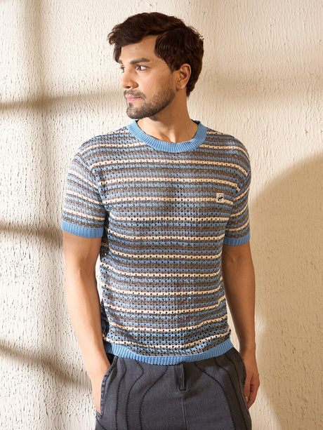 Blue Melange Striped Knitted Tshirt T-shirts Fugazee 