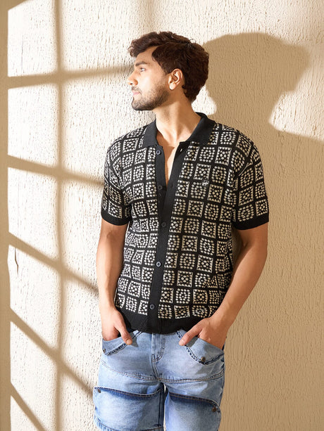 Black Geometrical Knitted Crochet Shirt Shirts Fugazee 