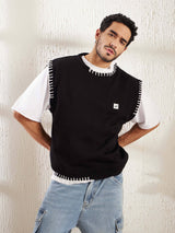 Black Sleeveless Sweater With Contrast Crochet