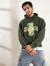 Olive Dyed Bird Graphic Cropped Hoodie