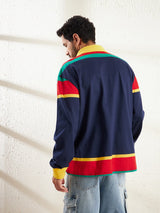 Blue Striped Oversized Longsleeve Polo Tee