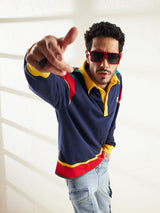 Blue Striped Oversized Longsleeve Polo Tee