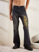 Black Dragon Embroidery Flared Denim Jeans Fugazee 