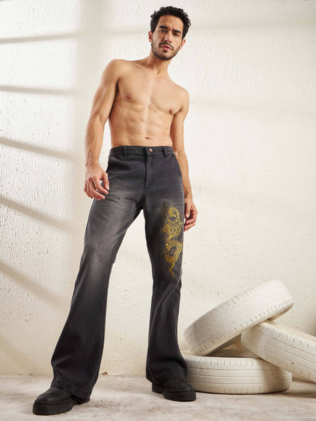 Black Dragon Embroidery Flared Denim Jeans Fugazee 