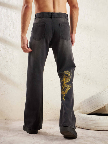Black Dragon Embroidery Flared Denim Jeans Fugazee 