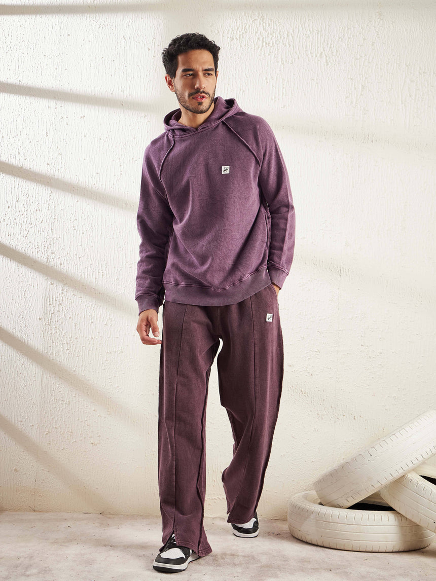 Mauve Dyed Raw Front Slit Relaxed Fit Joggers