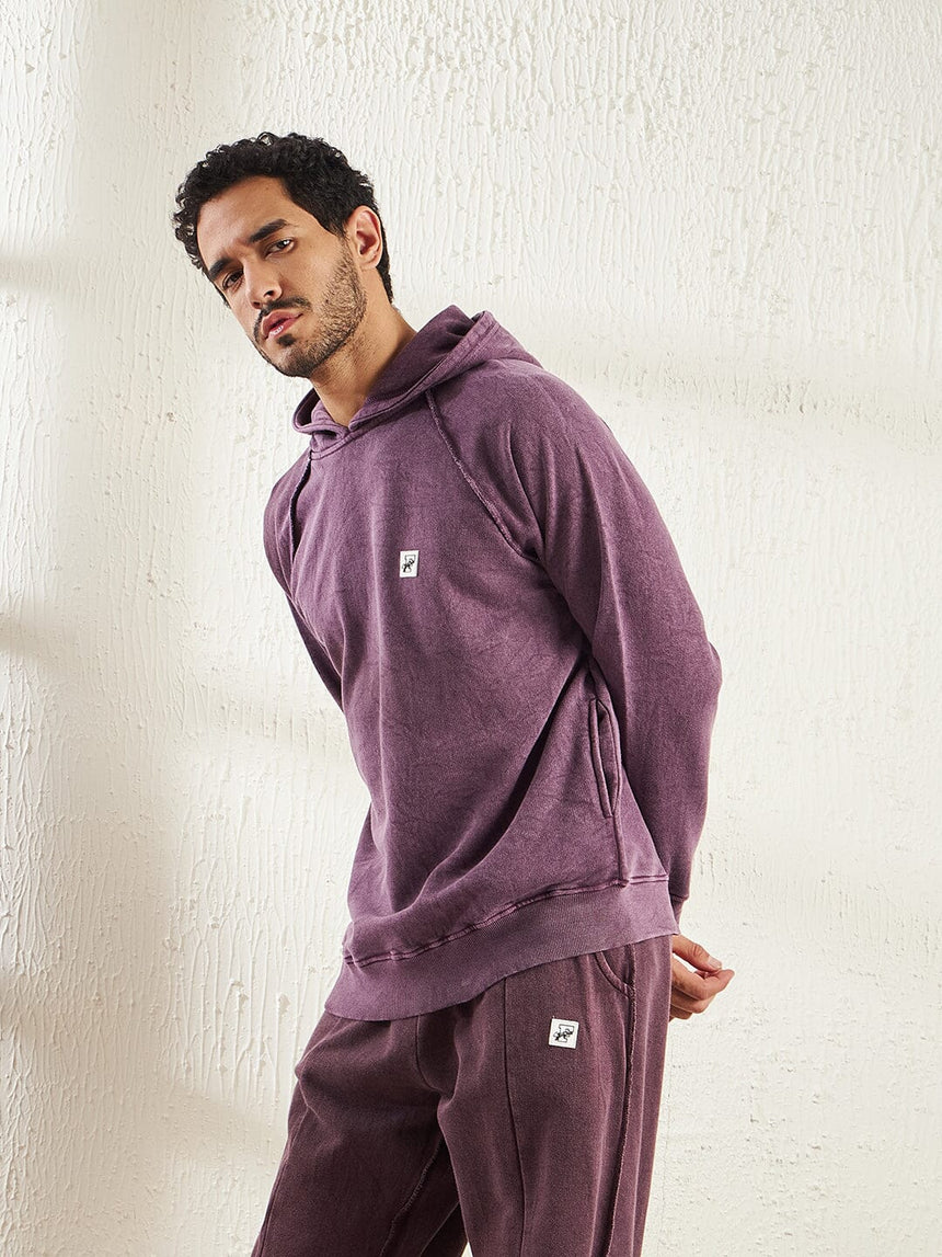 Mauve Dyed Raw Edge Raglan Hoodie, Buy Mens Sweatshirt