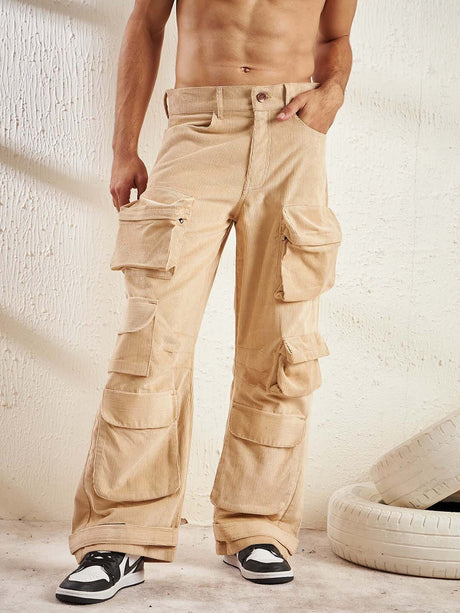 Beige Cord Super Baggy Cargo Trousers Trousers Fugazee 