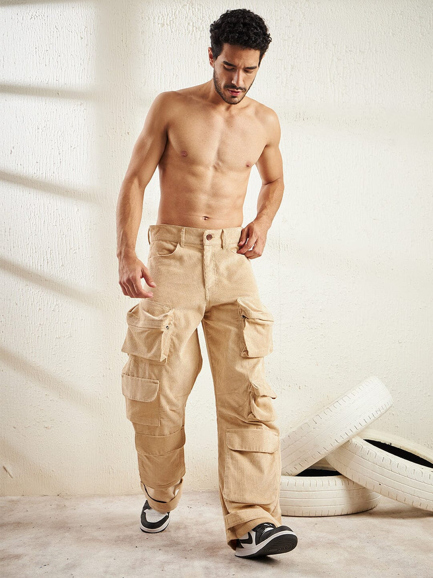 Biege Cord Super Baggy Cargo Trouser, Buy Baggy Cargo Trousers