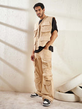 Beige Cord Baggy Sleeveless Jacket And Cargo Clothing Set Clothing Set Fugazee 