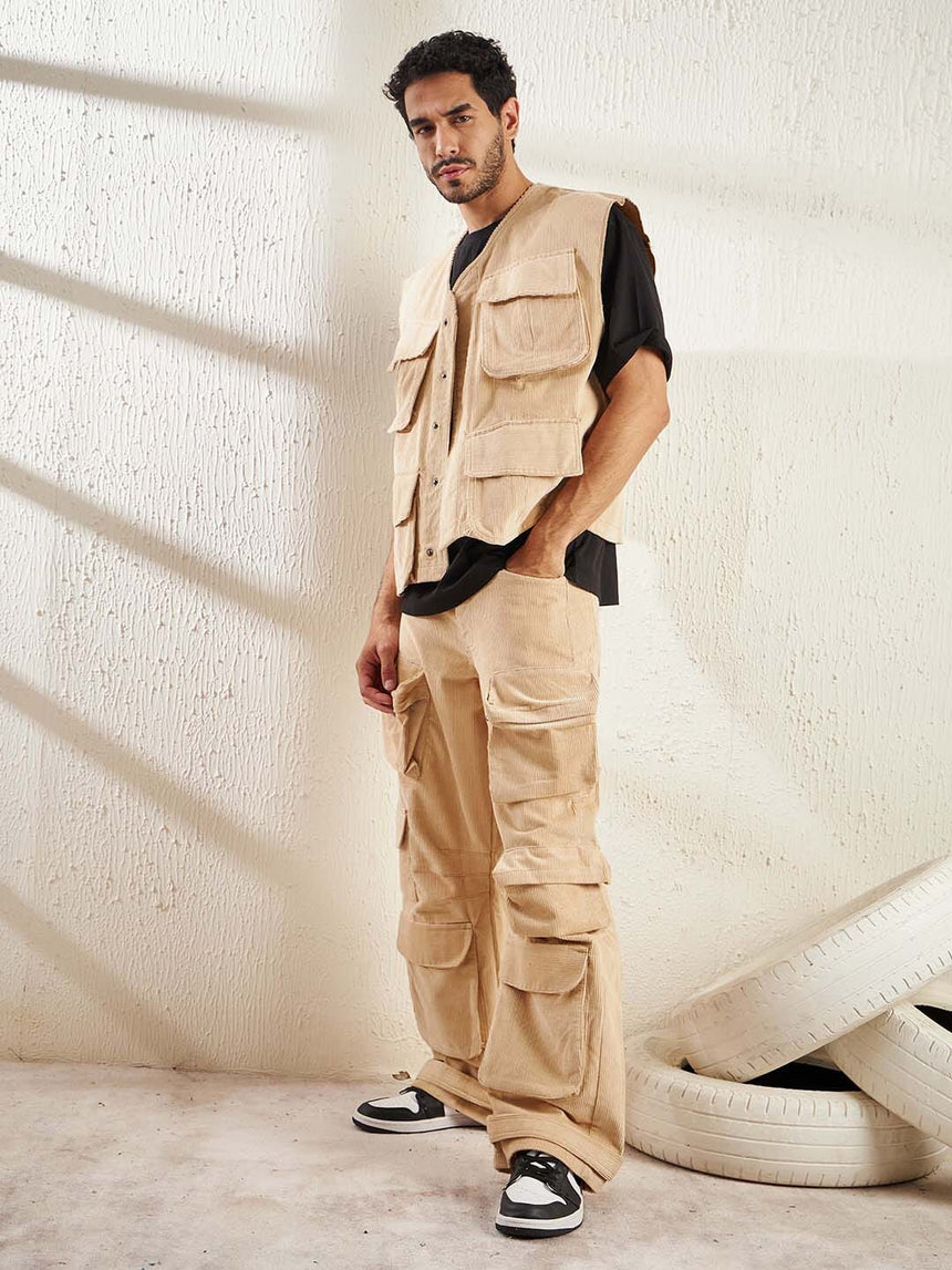 Beige Cord Baggy Sleeveless Jacket And Cargo Clothing Set