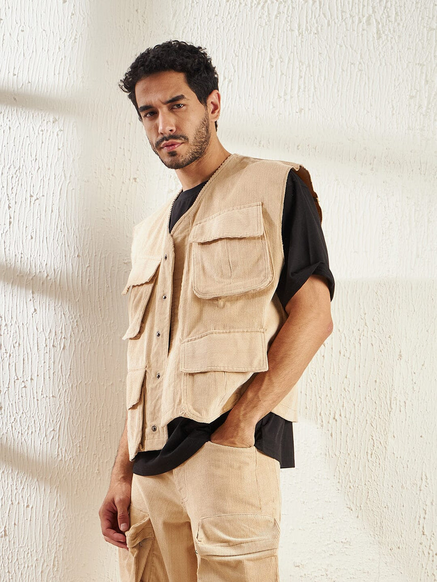 Biege Cord Baggy Sleeveless Jacket, Buy Men Jacket