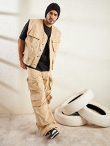 Beige Cord Baggy Sleeveless Jacket And Cargo Clothing Set Clothing Set Fugazee 