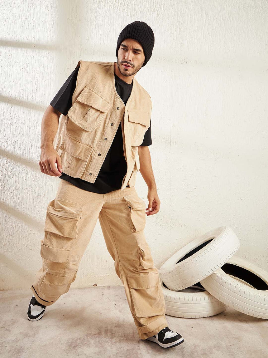 Beige Cord Baggy Sleeveless Jacket & Cargo Clothing Set