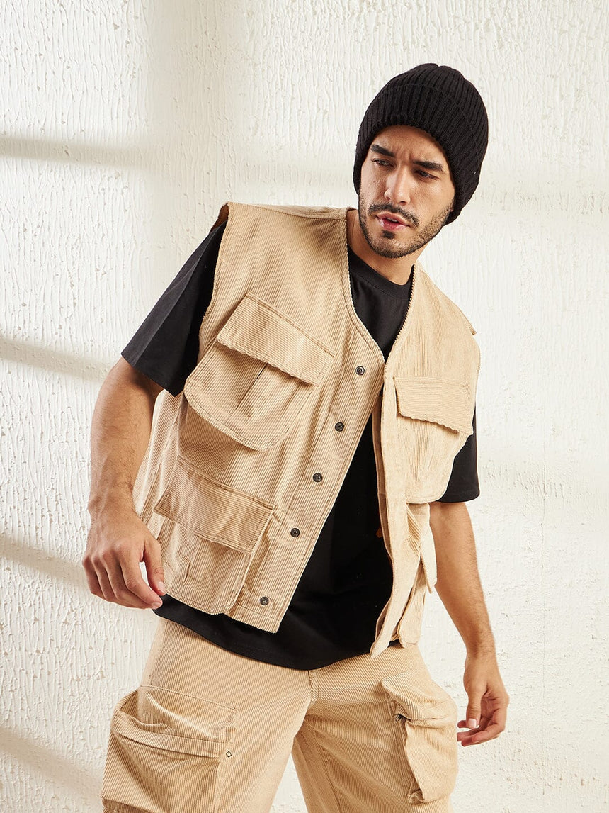 Beige Cord Baggy Sleeveless Jacket Jackets Fugazee 