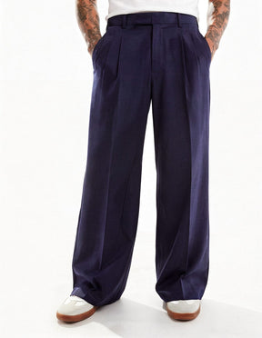 Navy Wide Leg Pleated Trousers Trousers Fugazee 