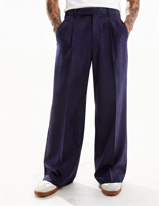 Navy Wide Leg Pleated Trousers Trousers Fugazee 