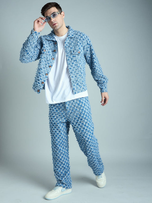 Blue Frayed Jacquard Cropped Denim Jacket & Jeans Clothing Set Clothing Set Fugazee 