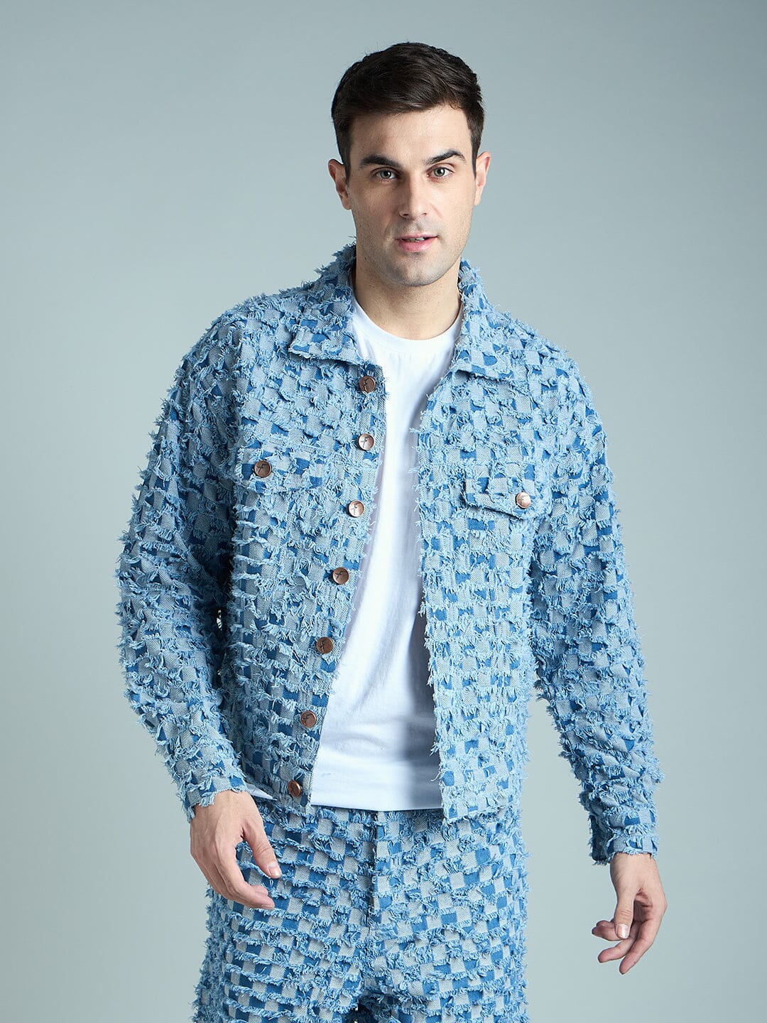 Blue Frayed Jacquard Cropped Denim Jacket | Buy Men Jacket