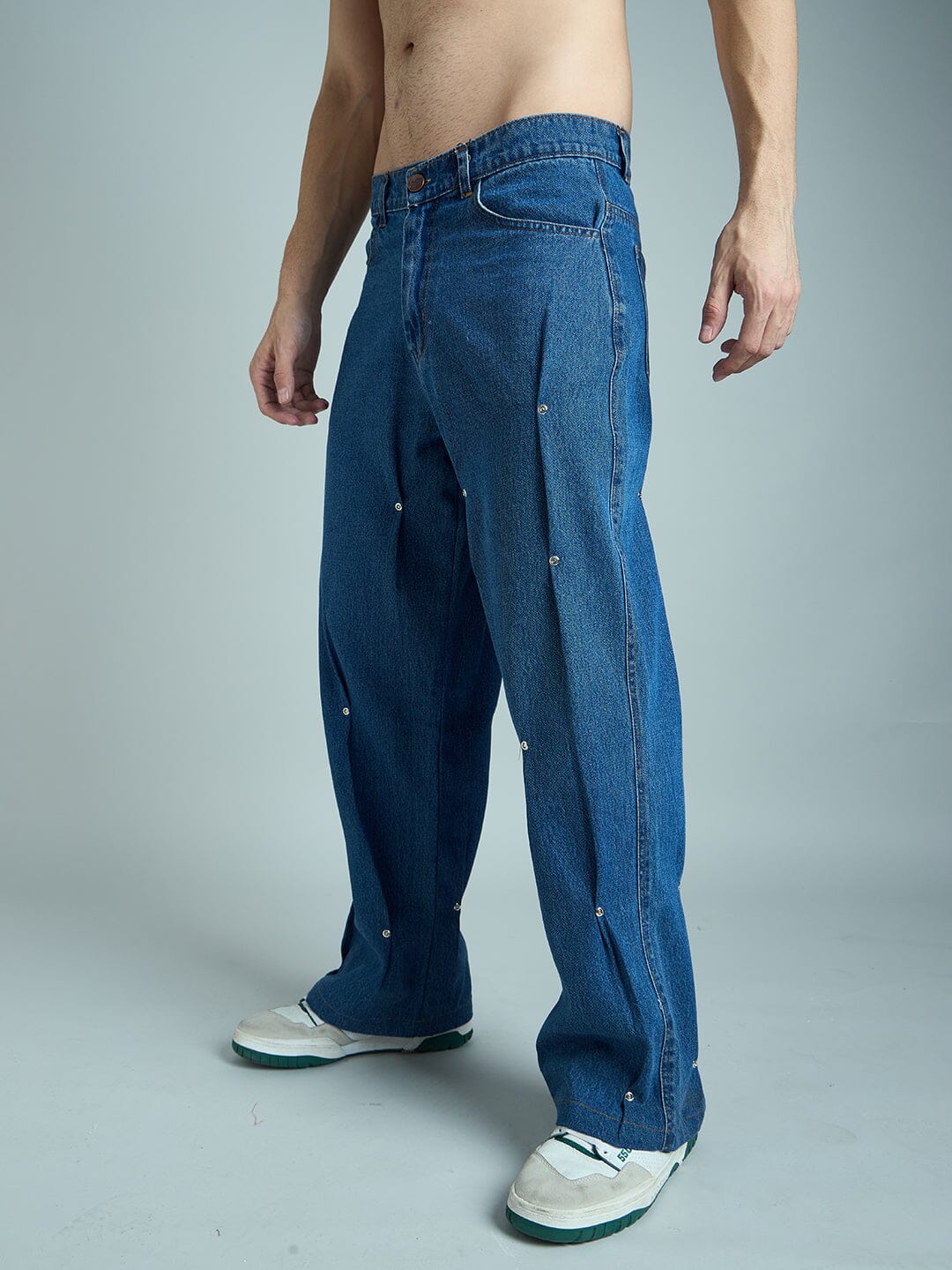 Indigo Pleated Rivets Denim | Buy Men Pleated Denim Indigo Pleated Rivets Denim | Buy Men Pleated Denim