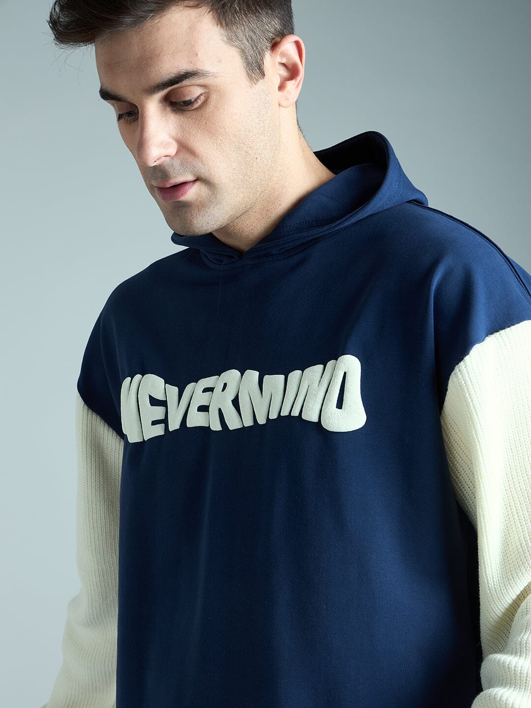 Navy Cropped Hoodie With Knitted Sleeves | Buy Mens Sweatshirt