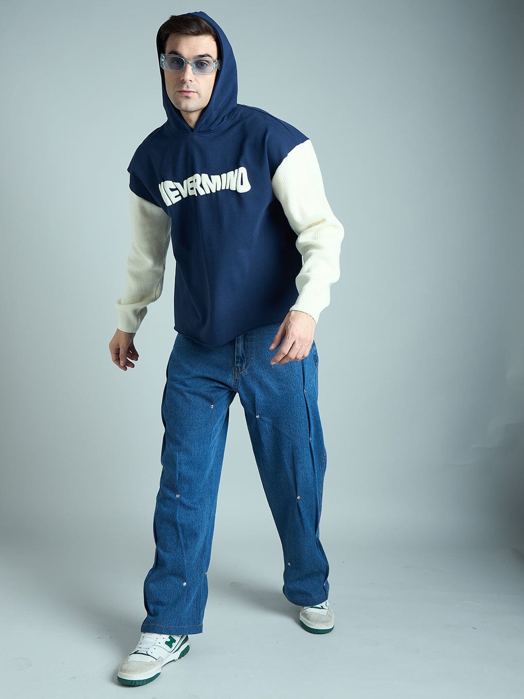 Navy Cropped Hoodie With Knitted Sleeves Buy Mens Sweatshirt Fugazee FUGAZEE