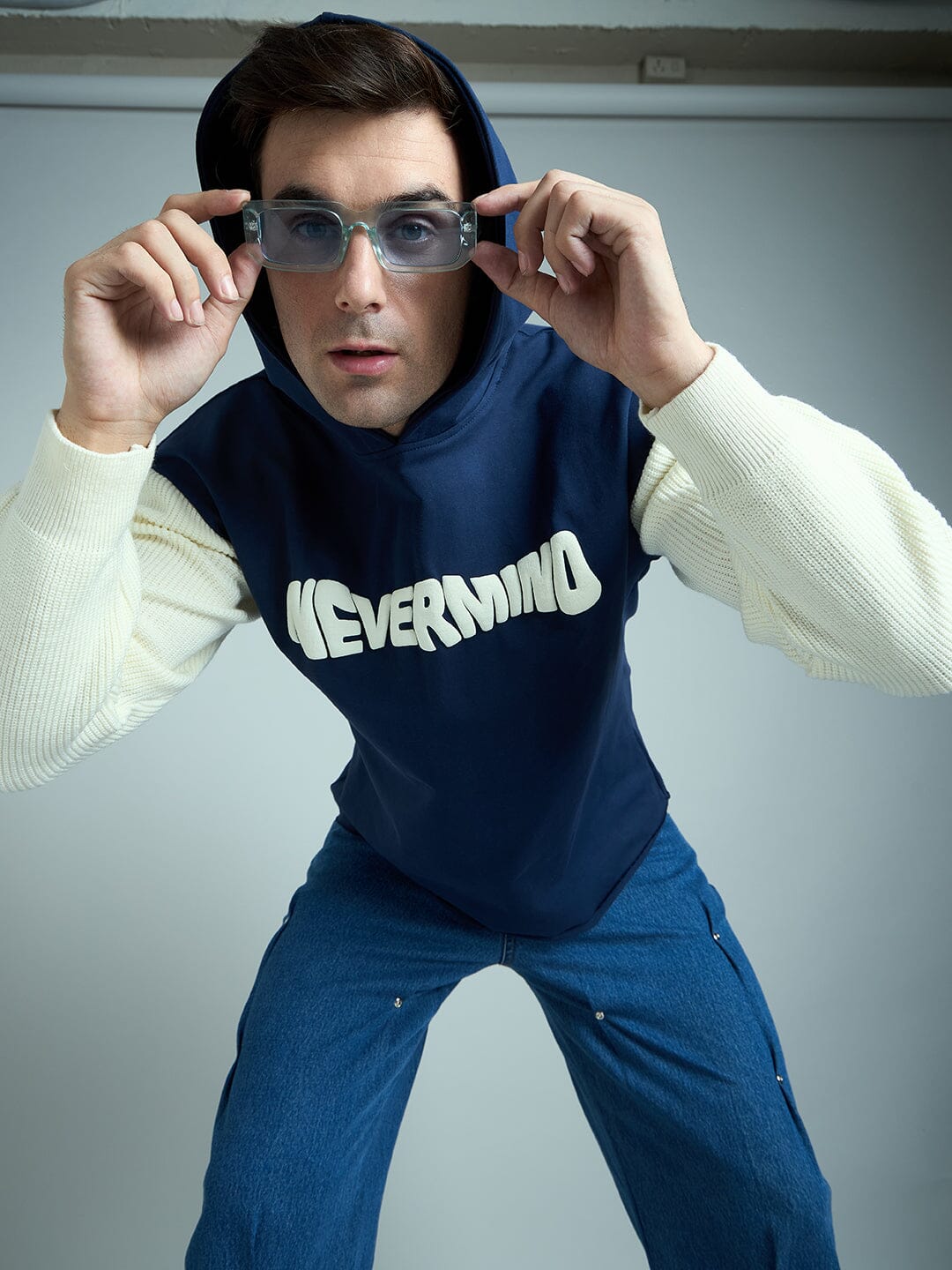 Navy Cropped Hoodie With Knitted Sleeves | Buy Mens Sweatshirt