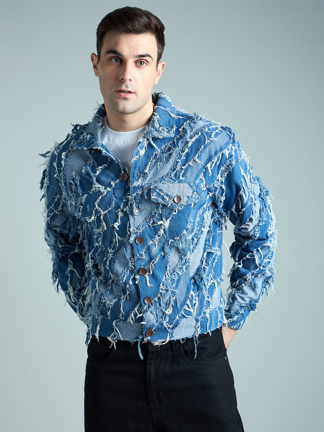 Indigo Heavy Damage Denim Cropped Jacket | Buy Men Jacket