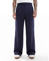 Navy Wide Leg Pleated Trousers Trousers Fugazee 