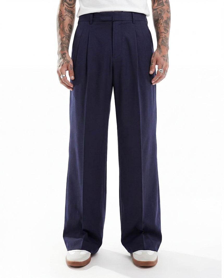Navy Wide Leg Pleated Trousers Trousers Fugazee 