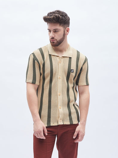 Camel Stripes Crotchet Knitted Shirt