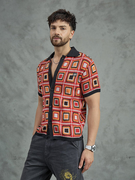 Red Crochet Pattern Knitted Shirt Shirts Fugazee 