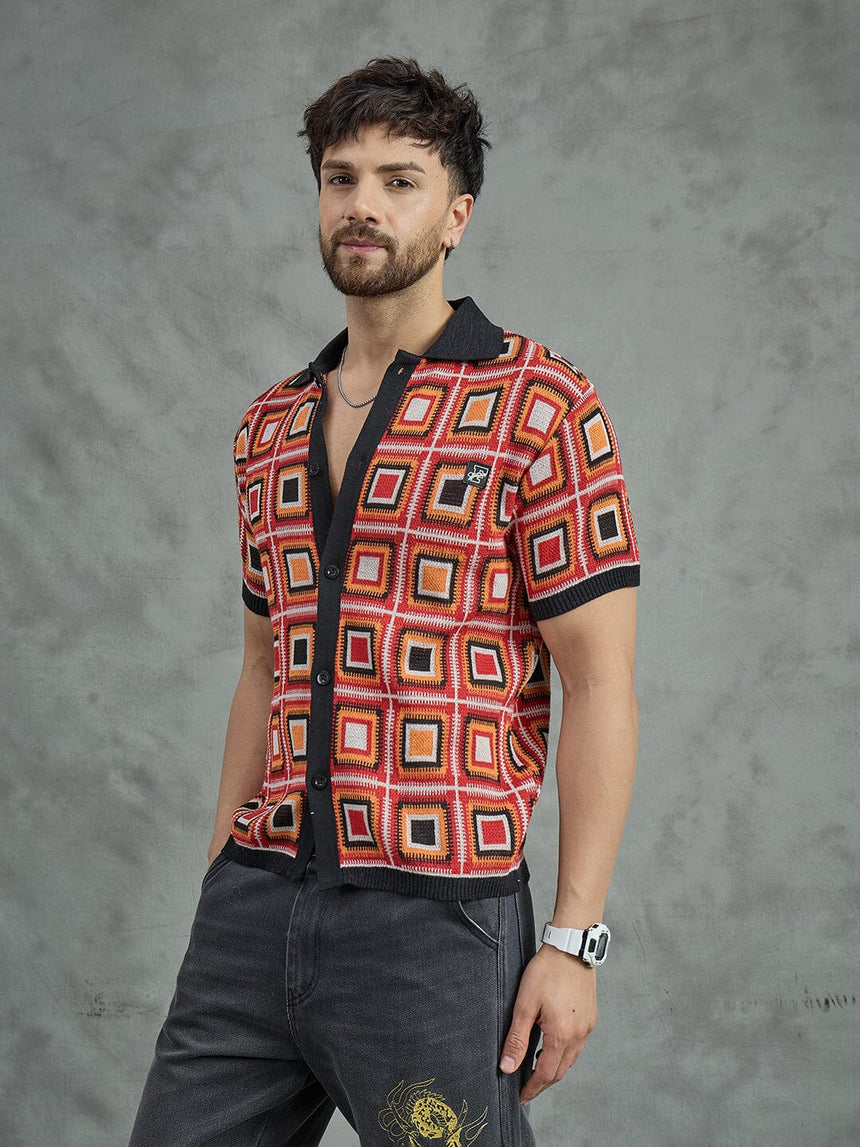 Red Crochet Pattern Knitted Shirt Shirts Fugazee 