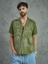 Khaki Embroidery Corduroy Cuban Shirt Shirts Fugazee 