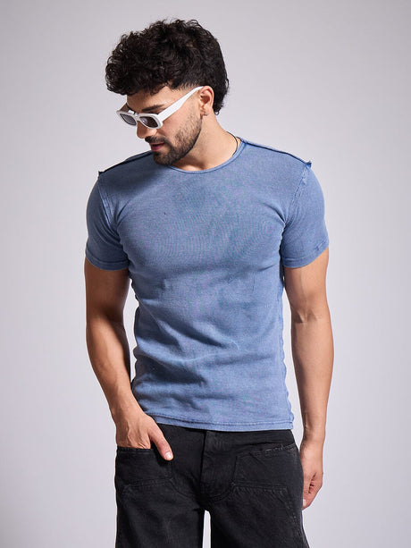 Blue Ribbed Short Sleeve Tshirt T-Shirts Fugazee 