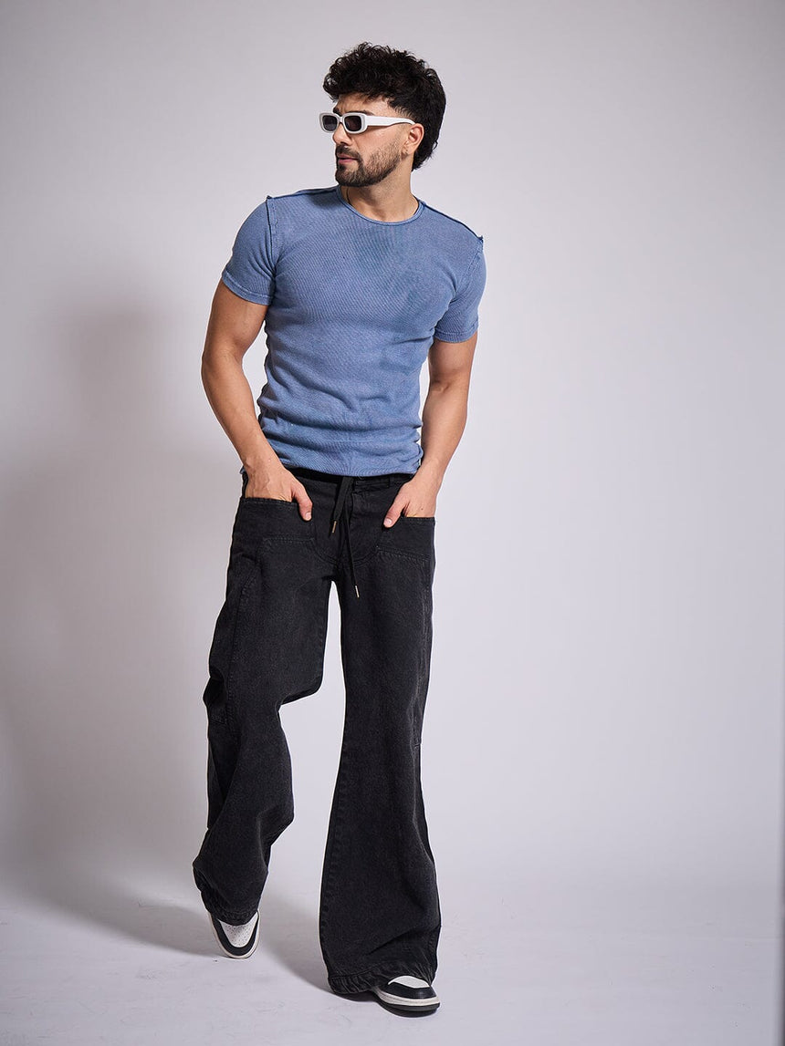 Black Double Waisted Panel Denim Jeans Fugazee 