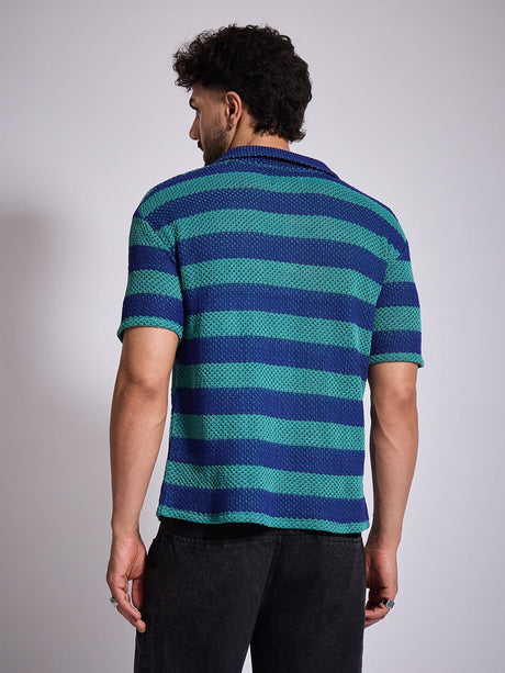 Green & Blue Striped Crochet Shirt Shirts Fugazee 