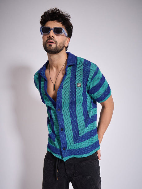 Green & Blue Striped Crochet Shirt Shirts Fugazee 