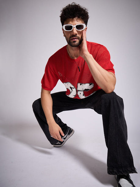 Red Knitted PU Appliqu√© Tshirt T-Shirts Fugazee 