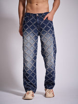 Dark Washed Distressed Patterned Straight Fit Denim Jeans Fugazee 