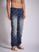 Dark Washed Distressed Patterned Straight Fit Denim Jeans Fugazee 