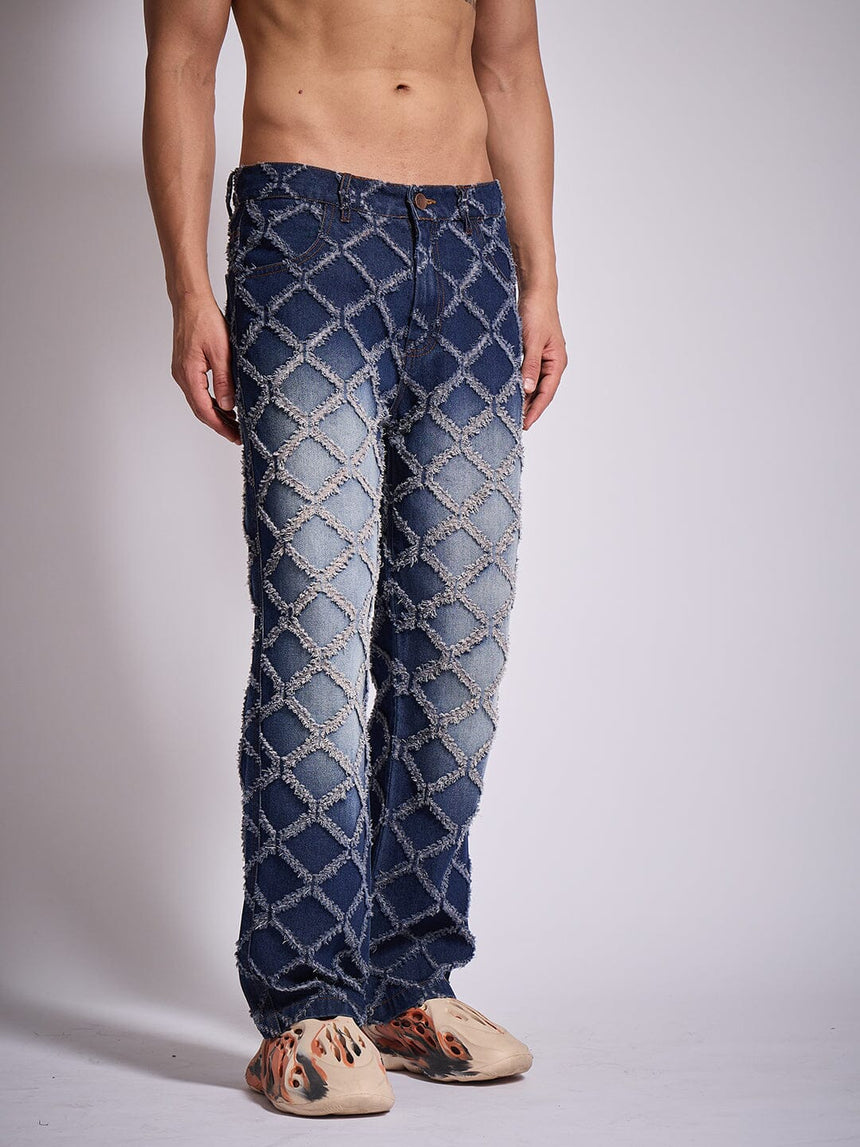 Dark Washed Distressed Patterned Straight Fit Denim Jeans Fugazee 