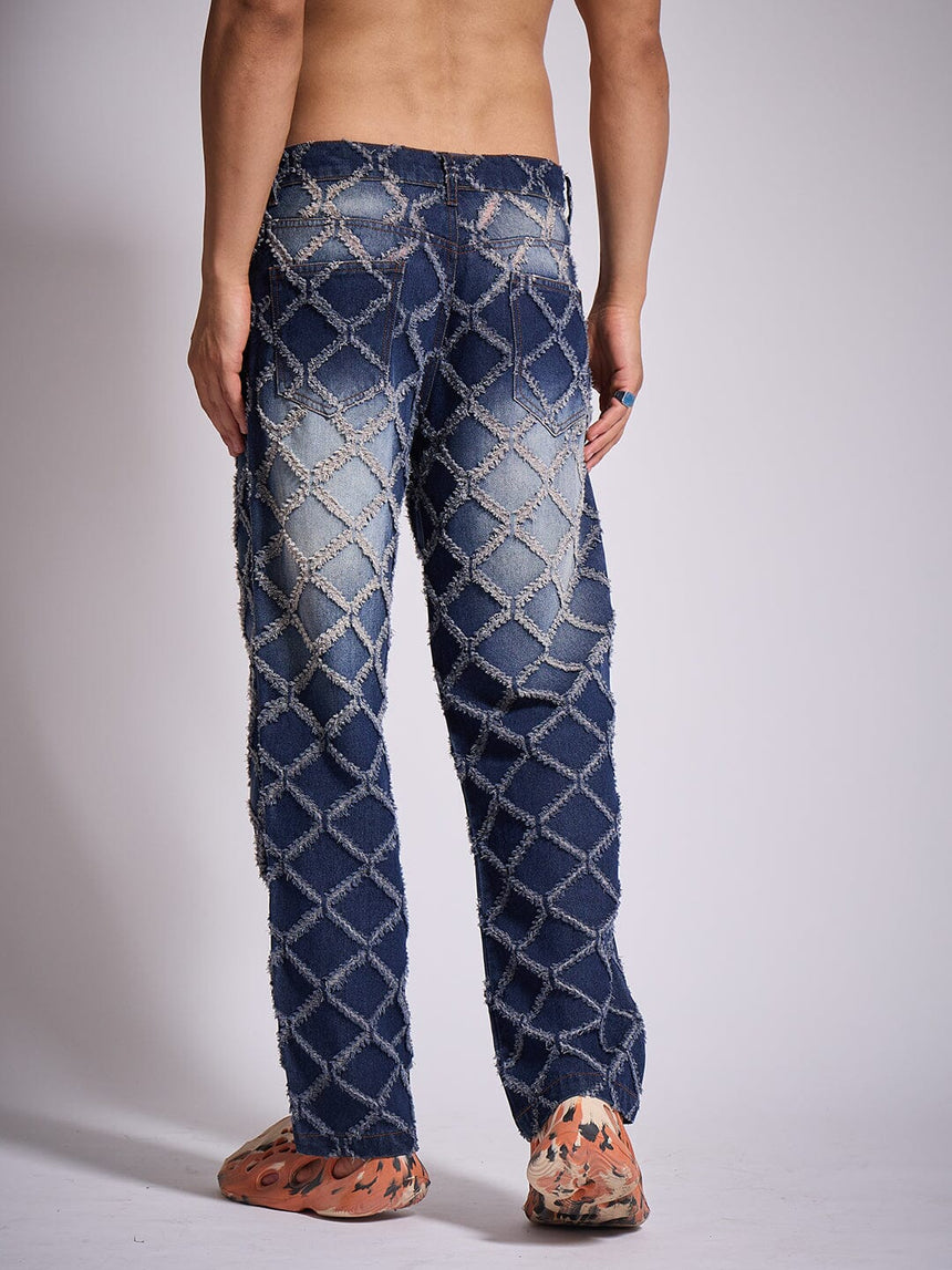 Dark Washed Distressed Patterned Straight Fit Denim Jeans Fugazee 